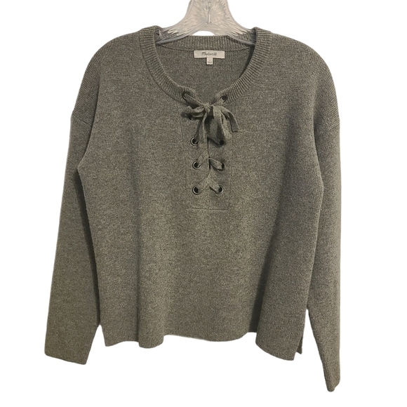 Madewell | Women's Gray 100% Wool Drawstring Lace Up Neck Sweater (Size Small) - Picture 2 of 12